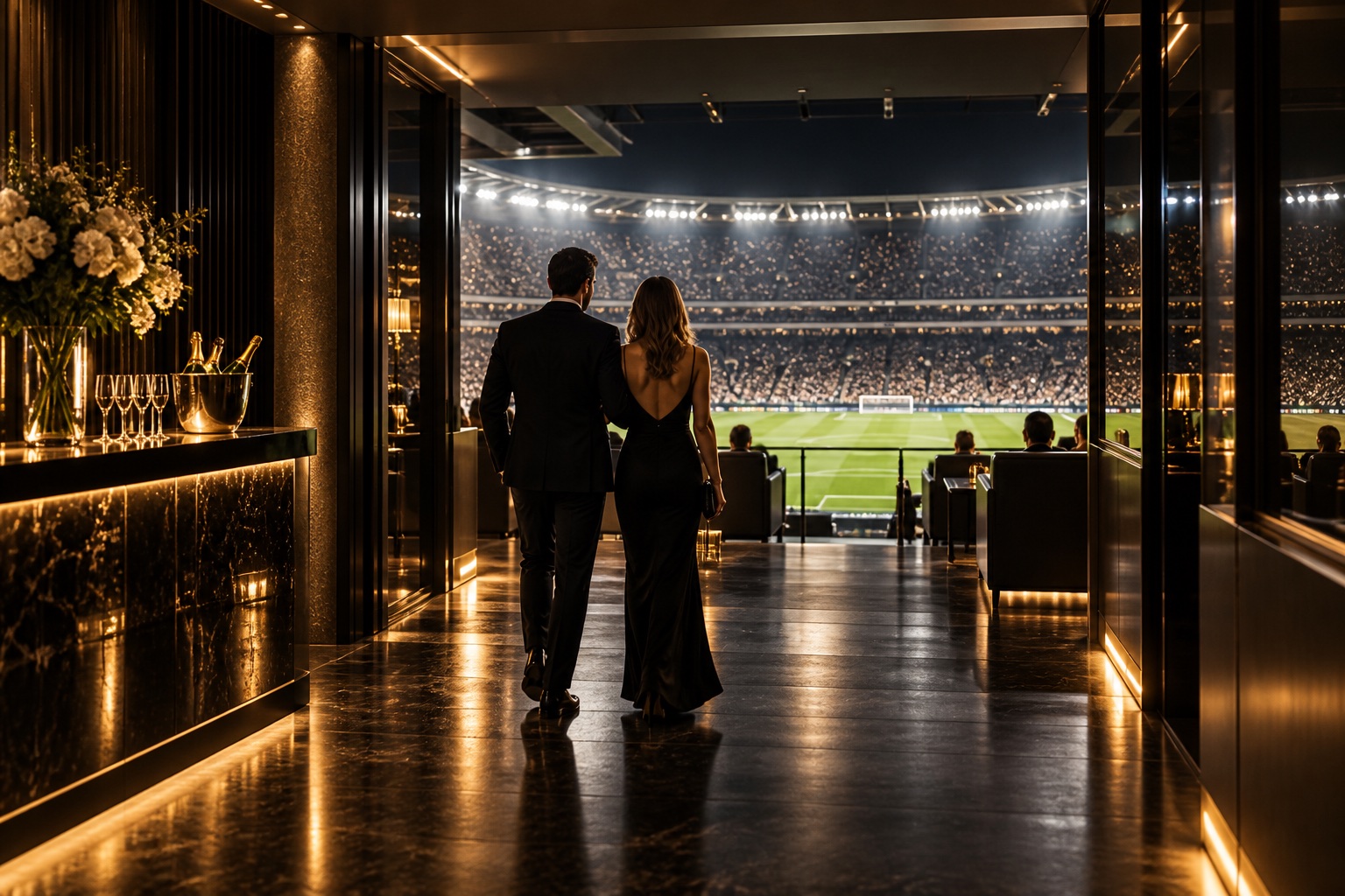 Accès à un salon premium donnant sur un stade de football