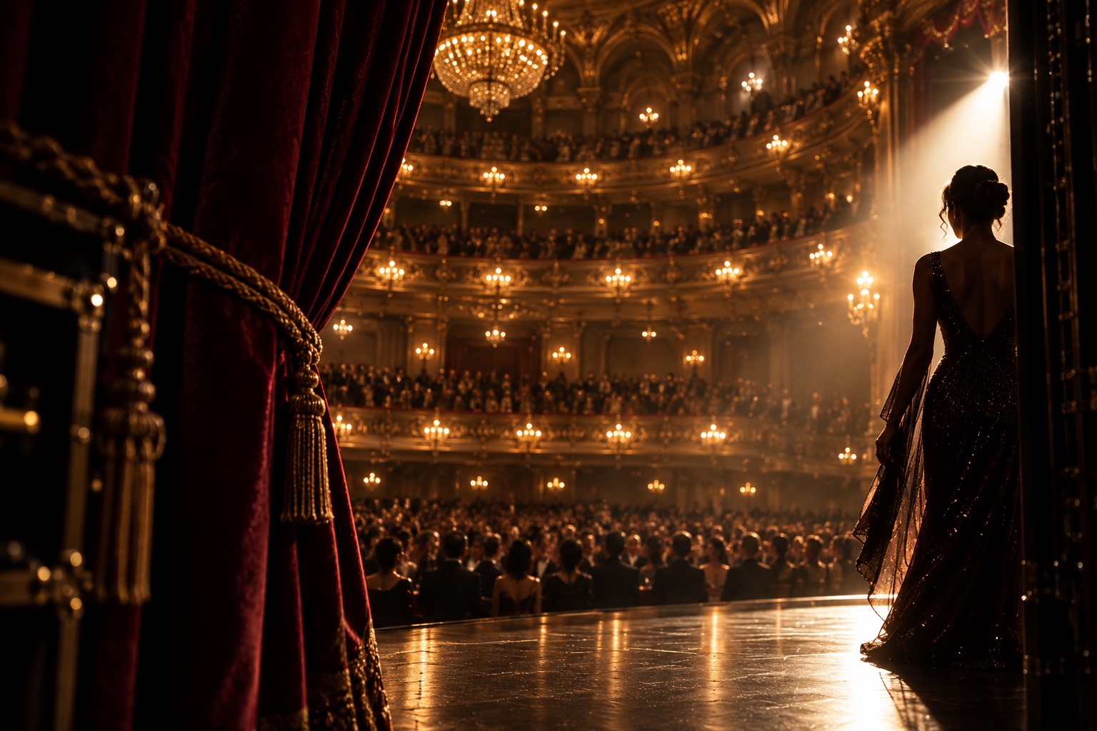Vue depuis les coulisses d'une salle de spectacle élégante